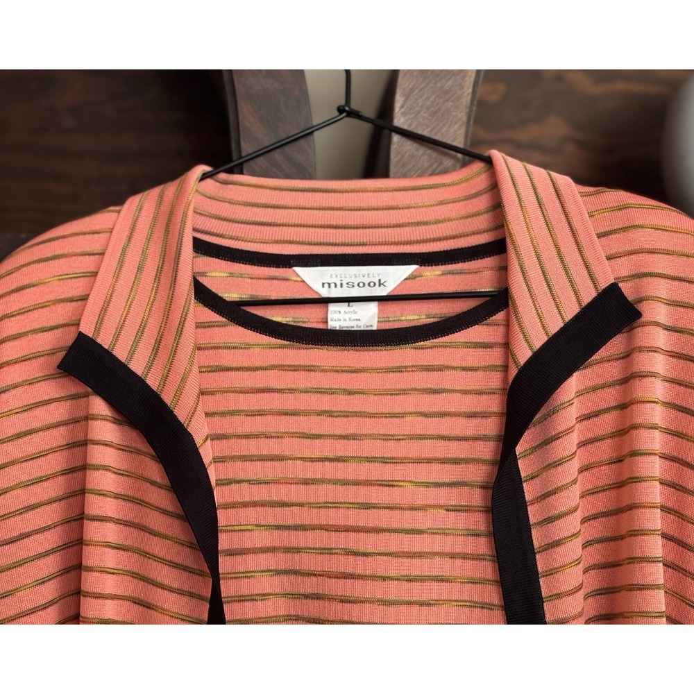 Exclusively Misook 2 Pc Set Tank Top Cardigan Striped Coral Orange Black Size L - Picture 4 of 6